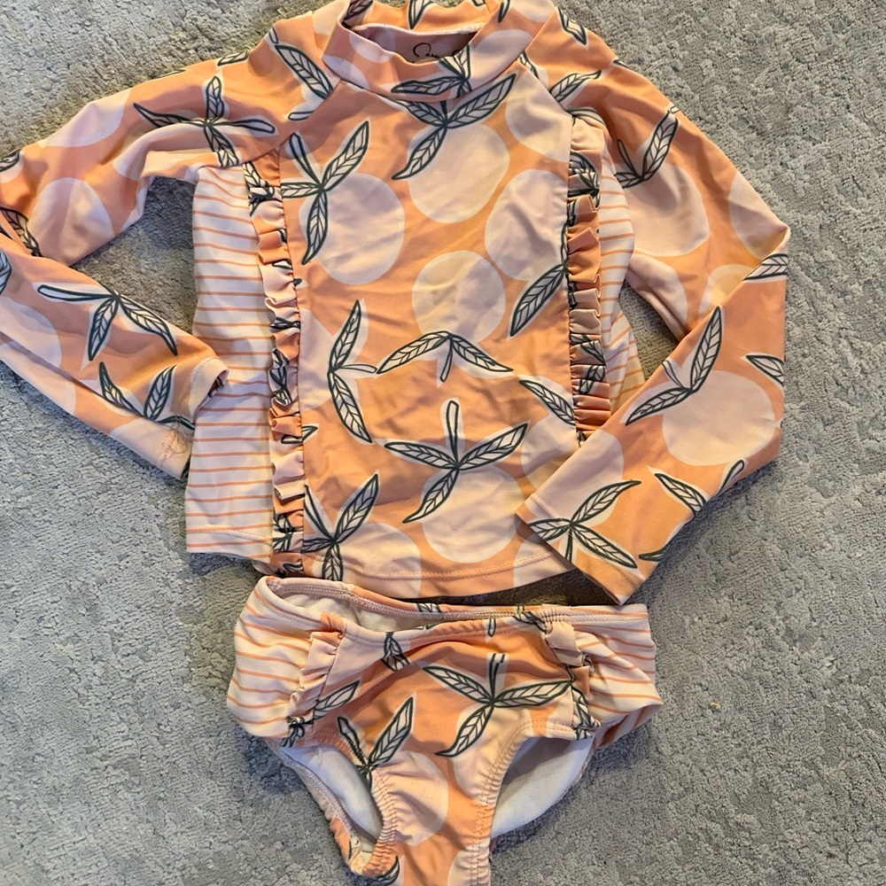 Jessica Simpson Peach Leaf Long-Sleeve Girls Rashguard Swim Set